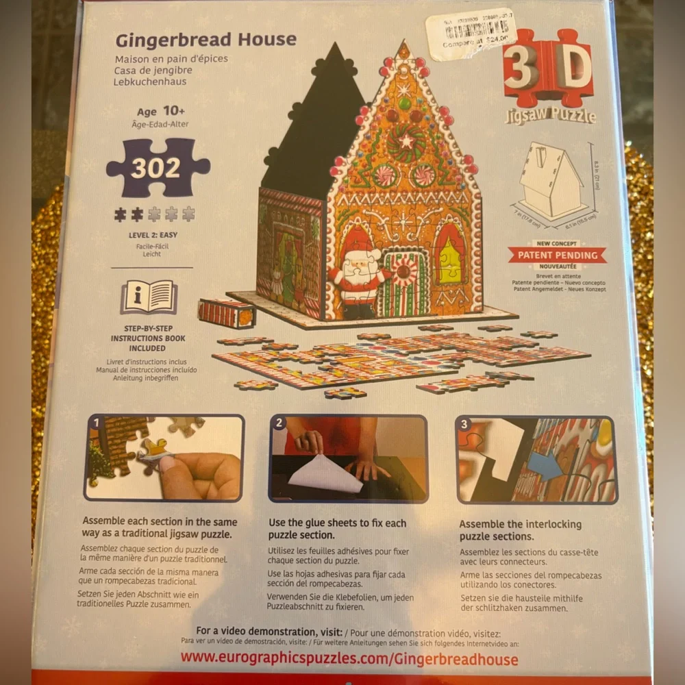 EuroGraphics NWT 3D Gingerbread House Puzzle 302 pieces. Age 10+. Instructions.